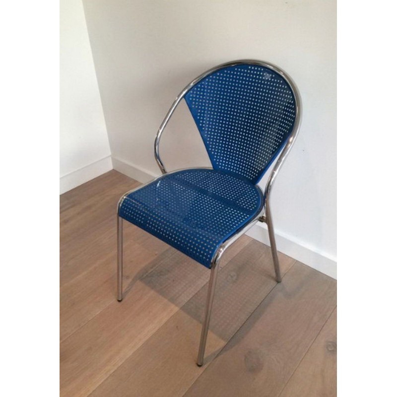 Set of 4 Chromed Blue Chairs 1980 | Maison BARROIS
