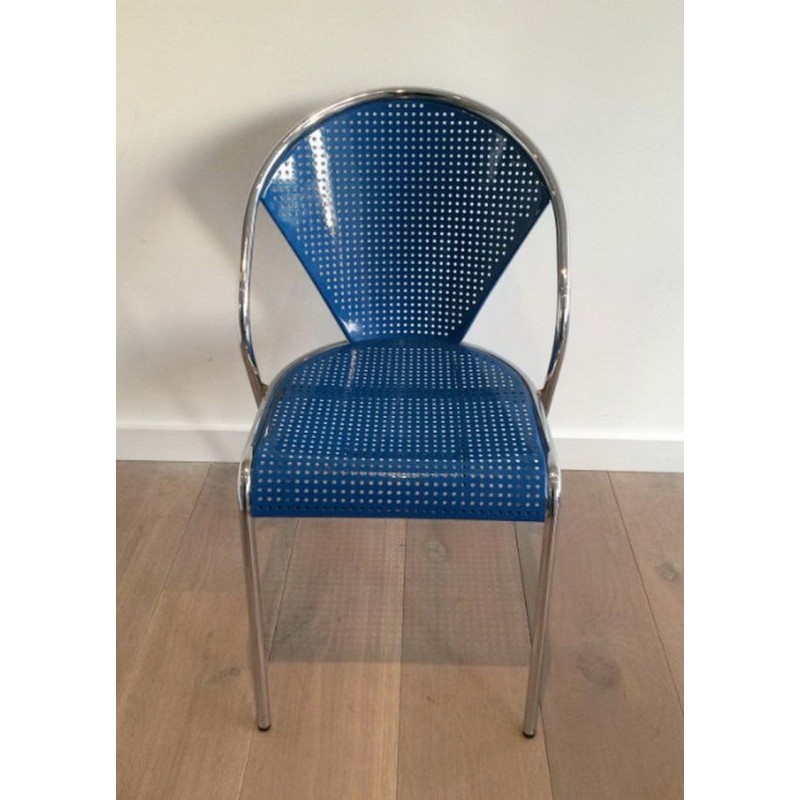 Set of 4 Chromed Blue Chairs 1980 | Maison BARROIS