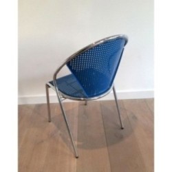 Set of 4 Chromed Blue Chairs 1980 | Maison BARROIS