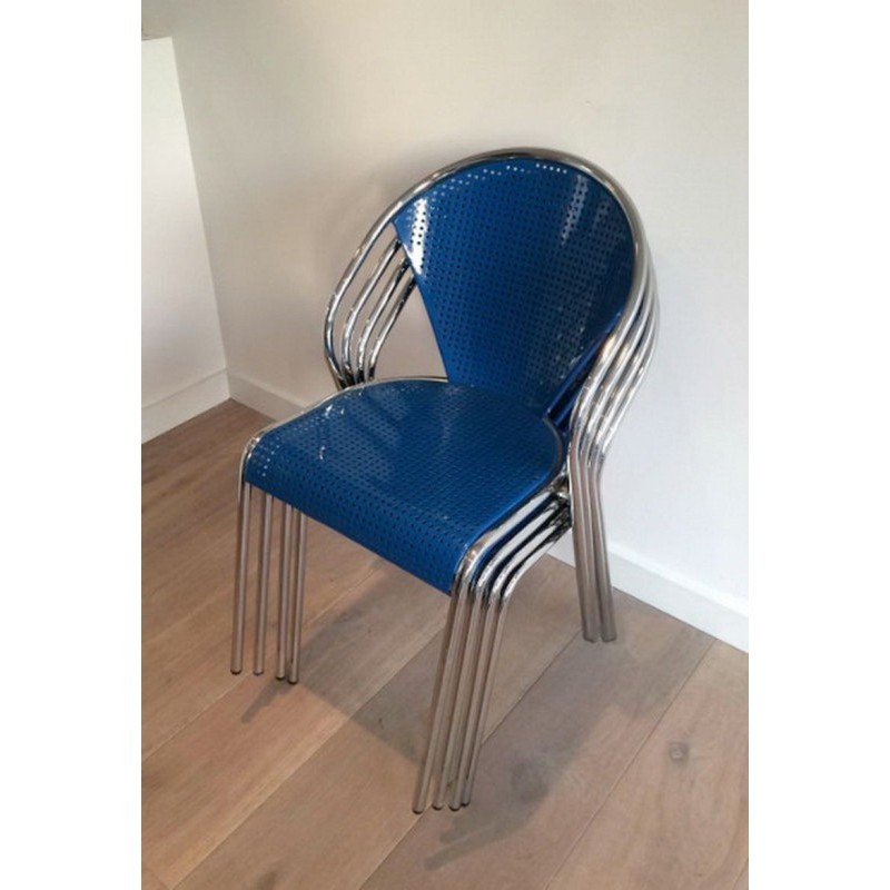Set of 4 Chromed Blue Chairs 1980 | Maison BARROIS