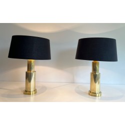 Pair of Modernist Brass Table Lamps, French Work, circa 1970