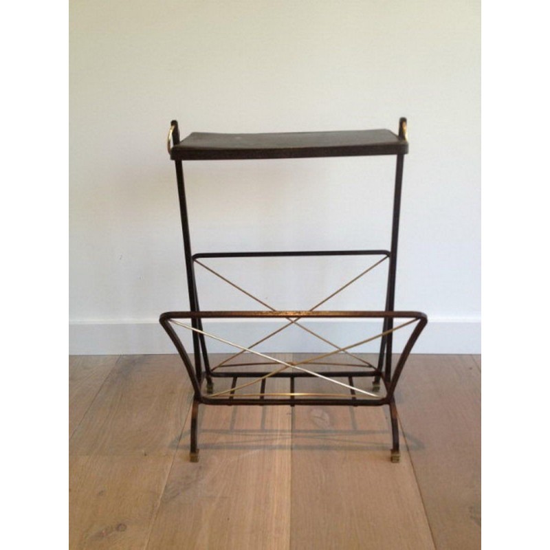 Magazine Holder Black Metal & Brass Adnet 1950 | Maison BARROIS
