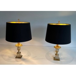 Palm Tree Chrome and Brass Table Lamps, Maison Charles Style, circa 1970