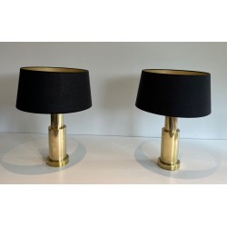 Pair of Modernist Brass Table Lamps, French Work, circa 1970