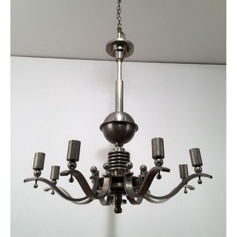 Lustre Art Déco Bronze Argenté Vers 1930 | Maison BARROIS