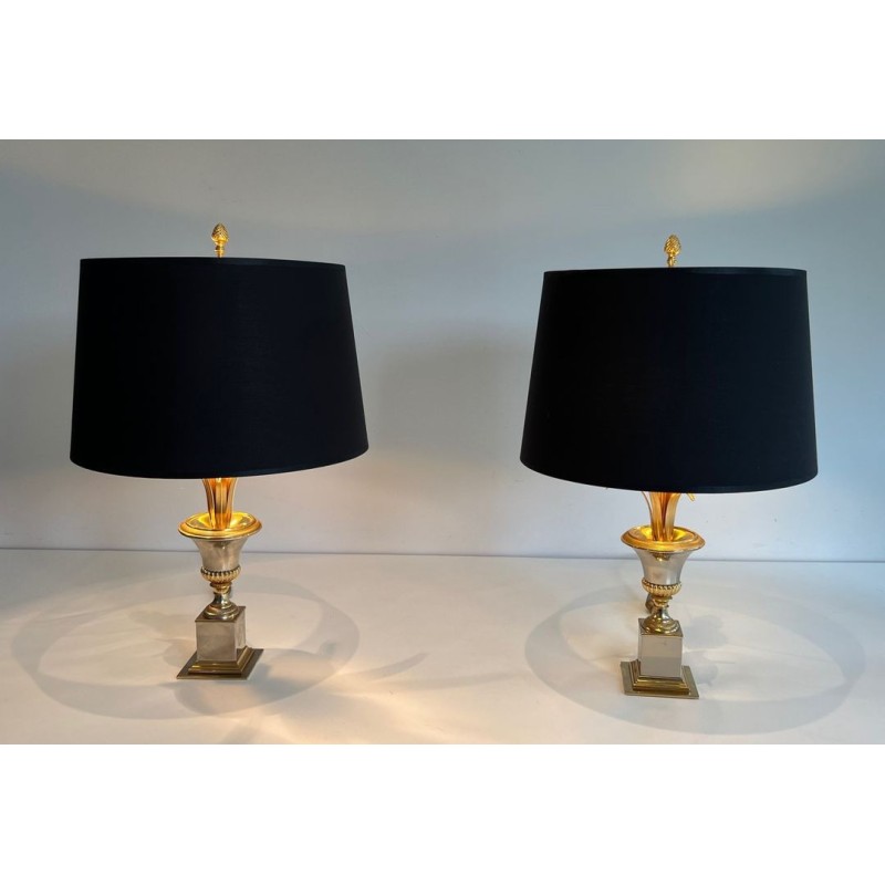 Paire de Lampes Palmier Chrome et Laiton, Goût Maison Charles, vers 1970