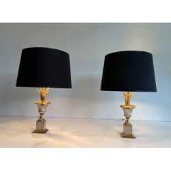 Paire de Lampes Palmier Chrome et Laiton, Goût Maison Charles, vers 1970