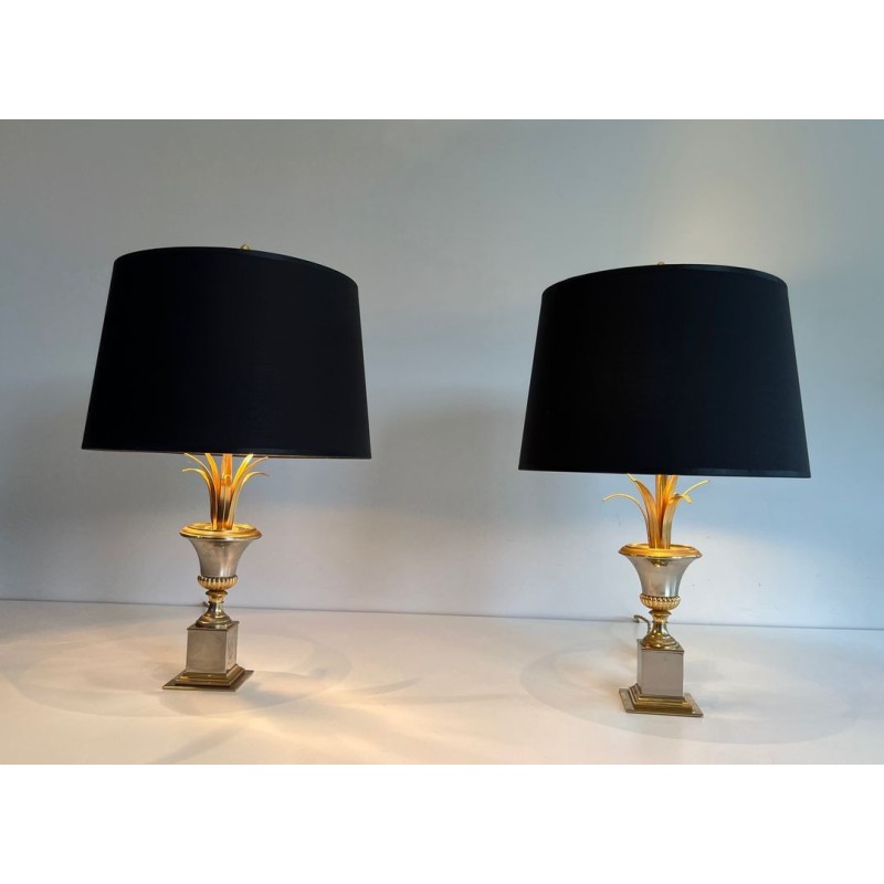 Paire de Lampes Palmier Chrome et Laiton, Goût Maison Charles, vers 1970