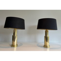 Pair of Modernist Brass Table Lamps, French Work, circa 1970