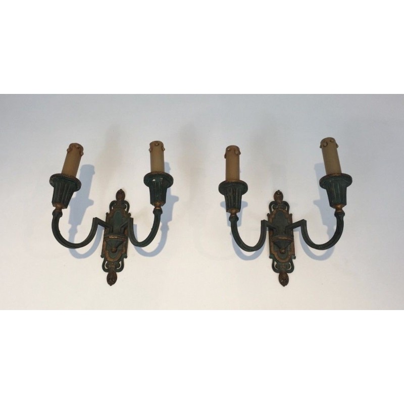 Bronze Wall Sconces Green & Gilt Patina 1940 | Maison BARROIS