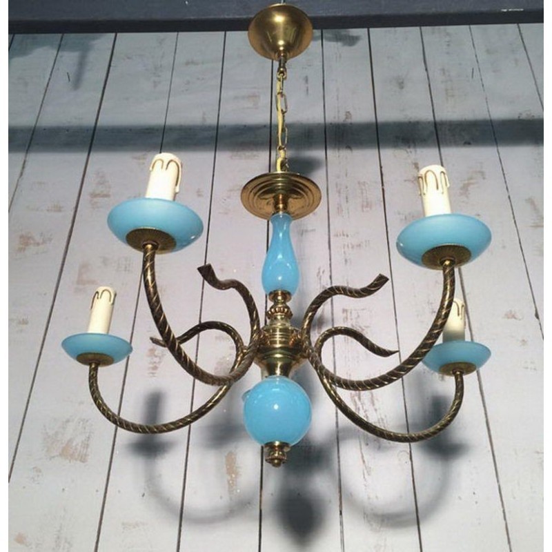 Small Blue Opaline & Brass Chandelier 1960 | Maison BARROIS