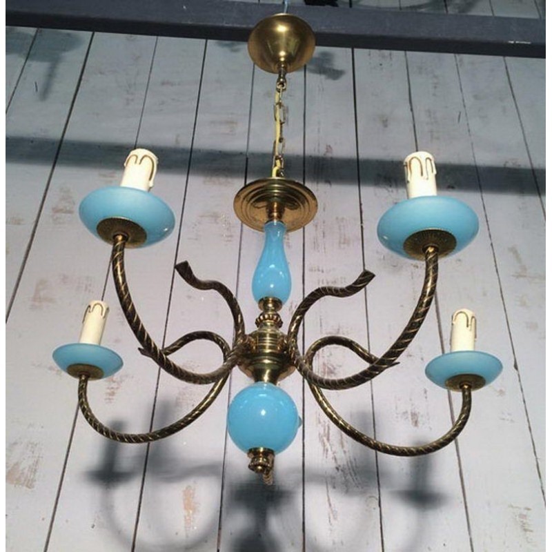 Petit Lustre Opaline Bleu & Laiton 1960 | Maison BARROIS