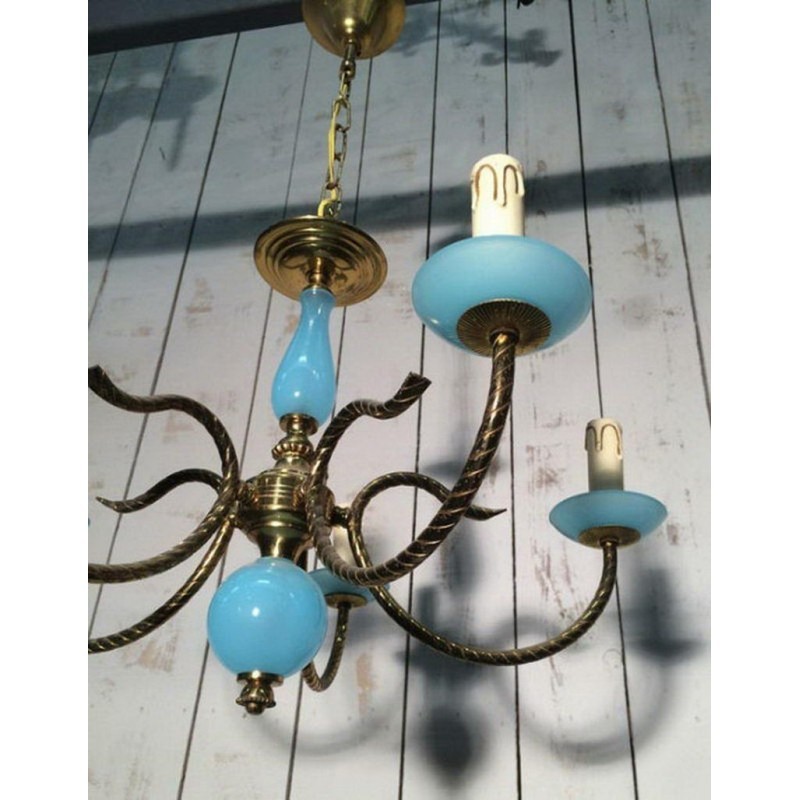 Small Blue Opaline & Brass Chandelier 1960 | Maison BARROIS