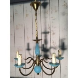 Small Blue Opaline & Brass Chandelier 1960 | Maison BARROIS