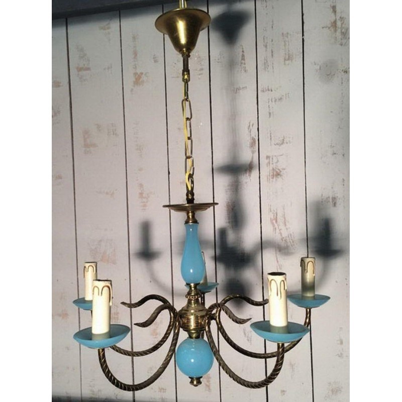 Small Blue Opaline & Brass Chandelier 1960 | Maison BARROIS