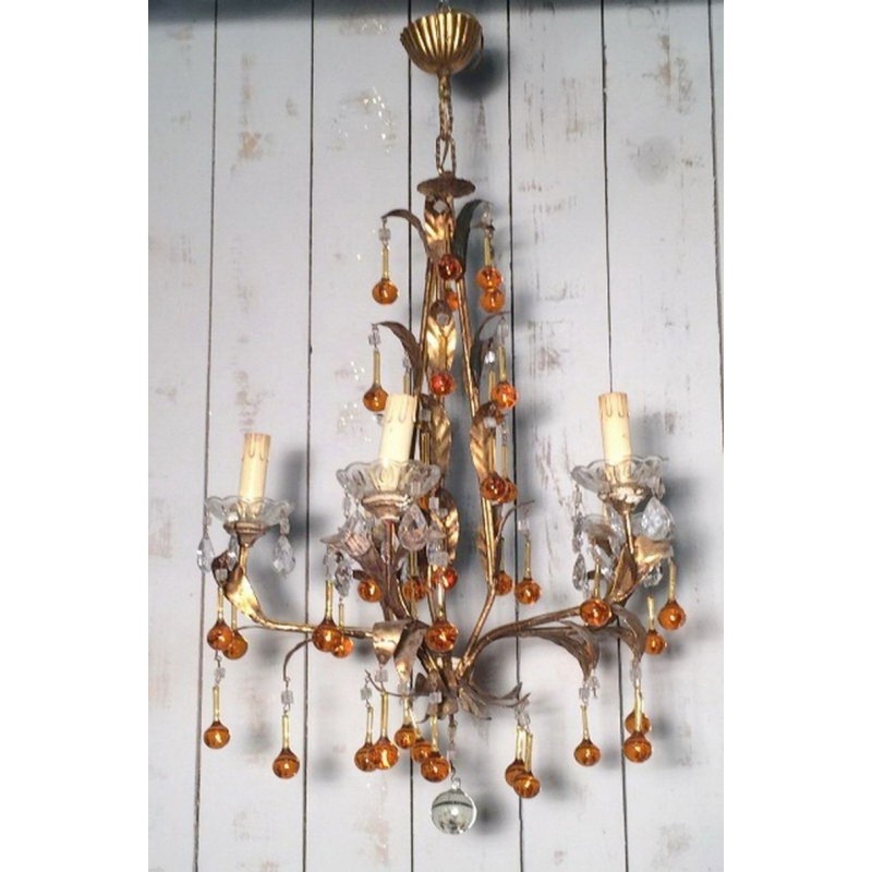 Gilt Chandelier with Amber Glass Drops 1940 | Maison BARROIS