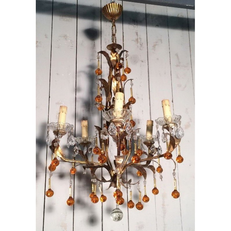 Gilt Chandelier with Amber Glass Drops 1940 | Maison BARROIS