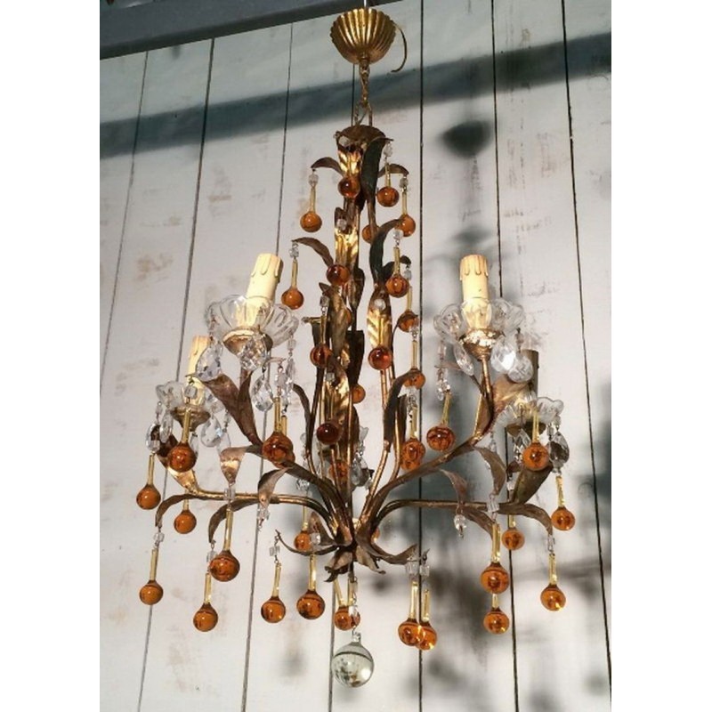 Lustre Doré Gouttes de Verre Ambré Vers 1940 | Maison BARROIS