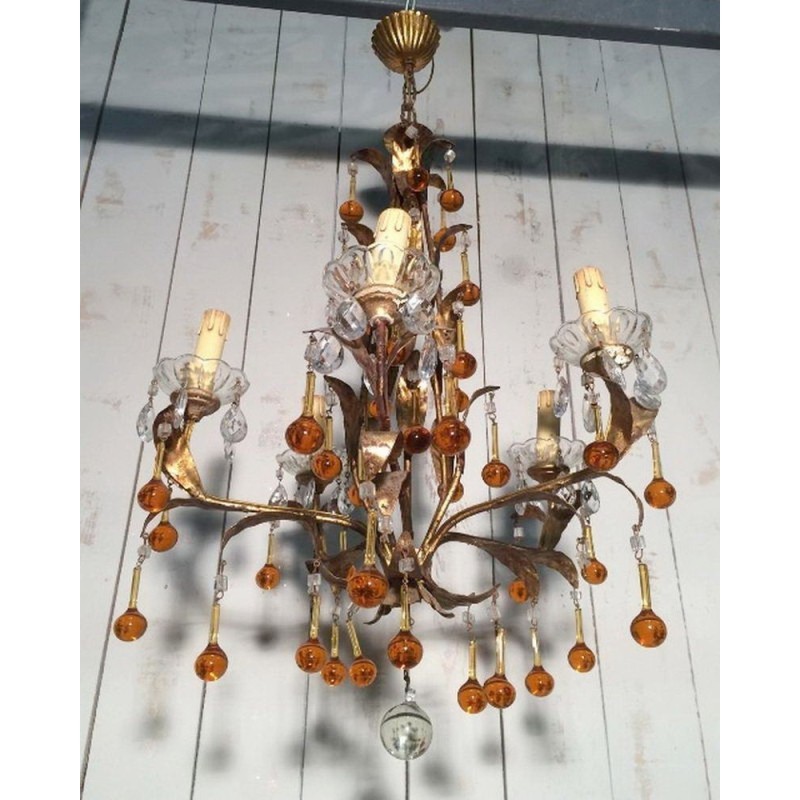 Gilt Chandelier with Amber Glass Drops 1940 | Maison BARROIS