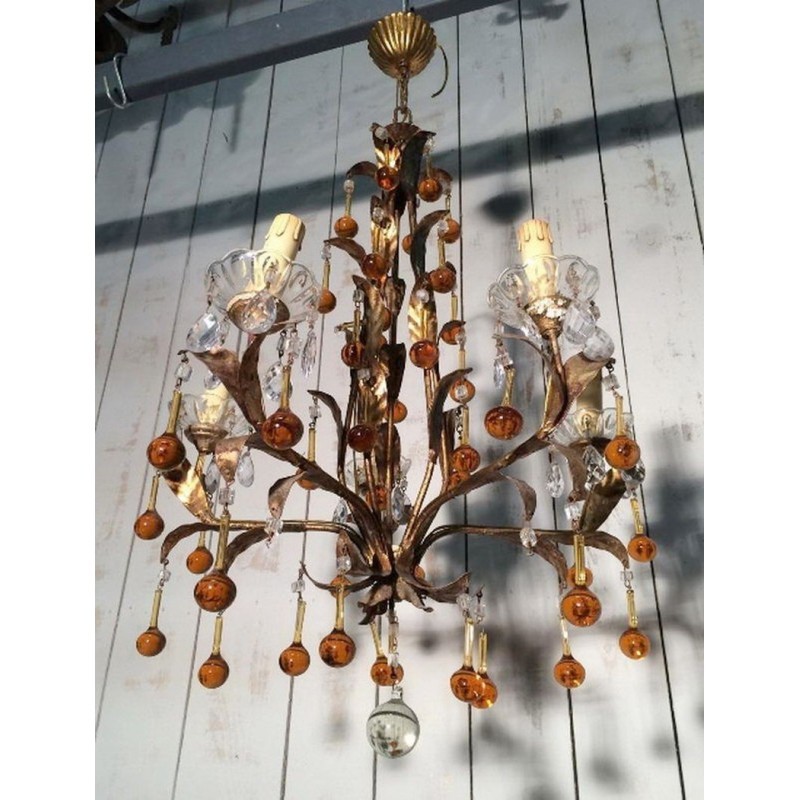 Gilt Chandelier with Amber Glass Drops 1940 | Maison BARROIS