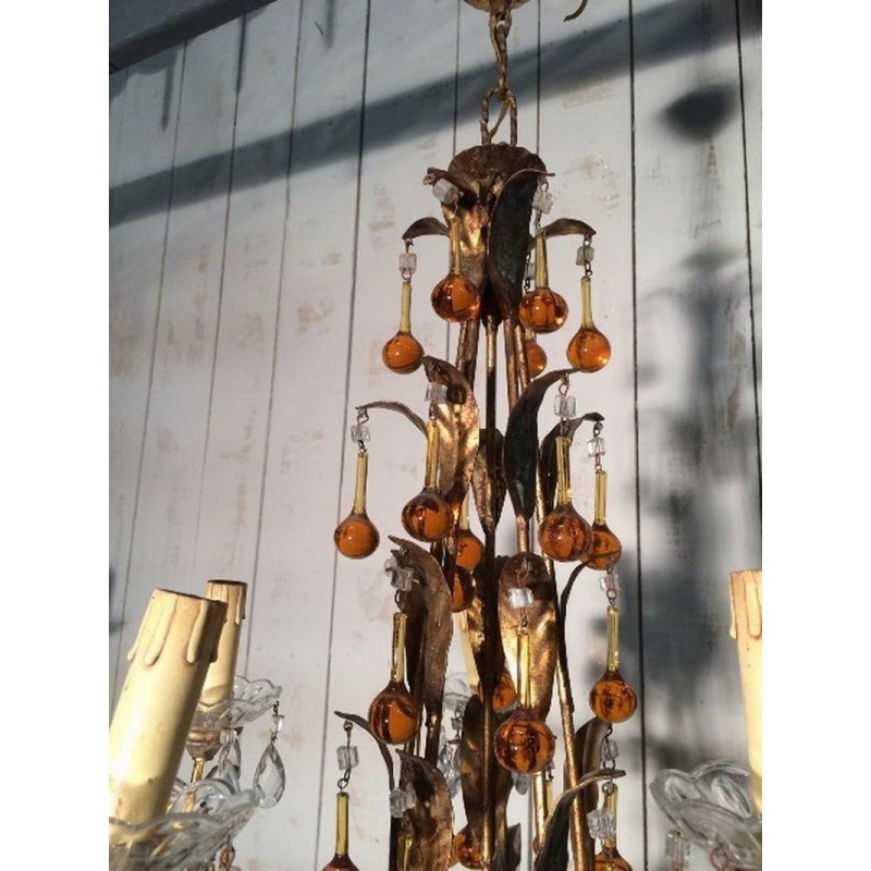 Gilt Chandelier with Amber Glass Drops 1940 | Maison BARROIS