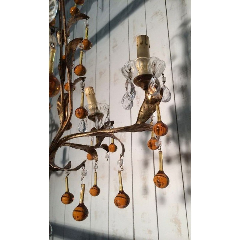 Gilt Chandelier with Amber Glass Drops 1940 | Maison BARROIS