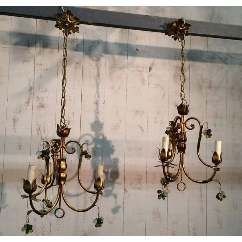 Pair of Gilt Chandeliers with Coloured Crystals 1960 | Maison BARROIS