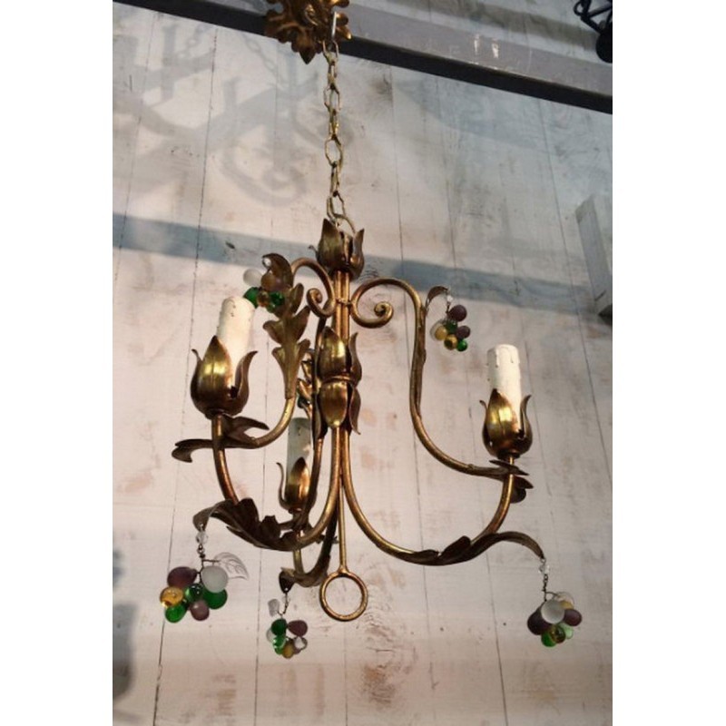 Pair of Gilt Chandeliers with Coloured Crystals 1960 | Maison BARROIS