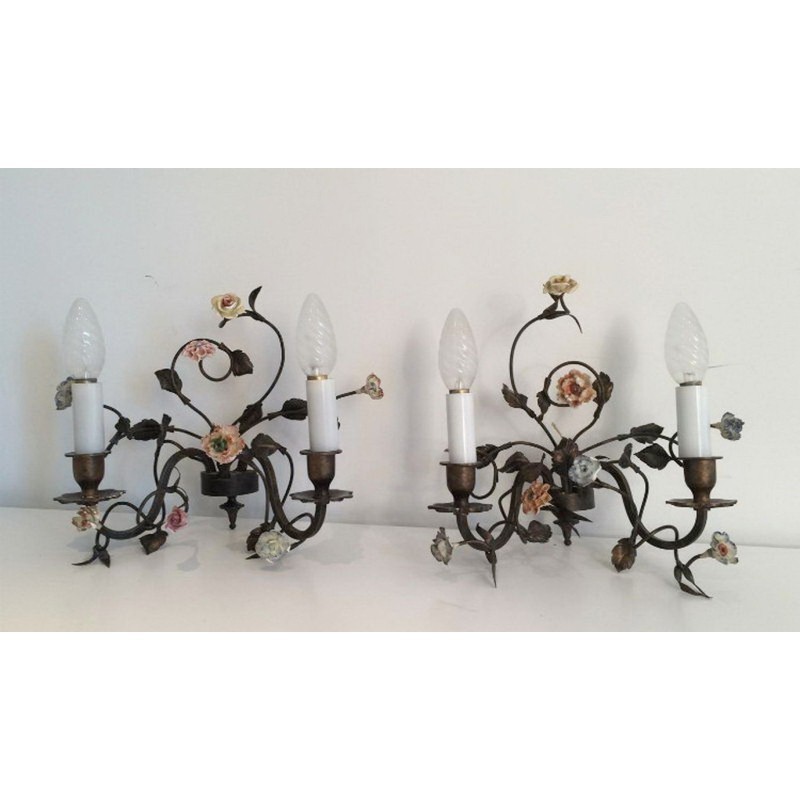 Bronze Wall Sconces with Porcelain Flowers 1920 | Maison BARROIS