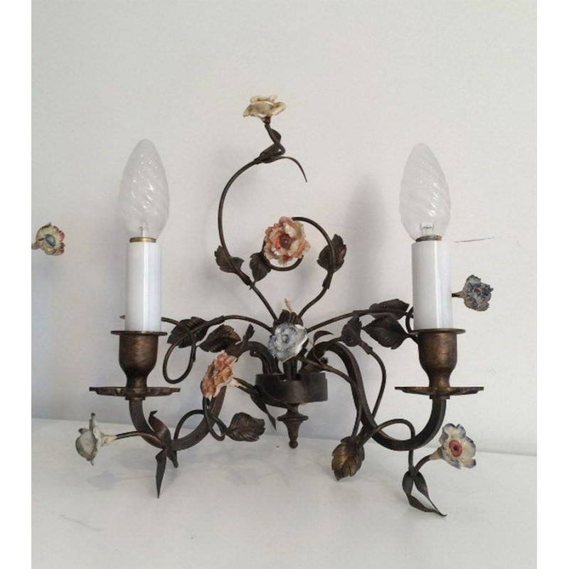 Bronze Wall Sconces with Porcelain Flowers 1920 | Maison BARROIS