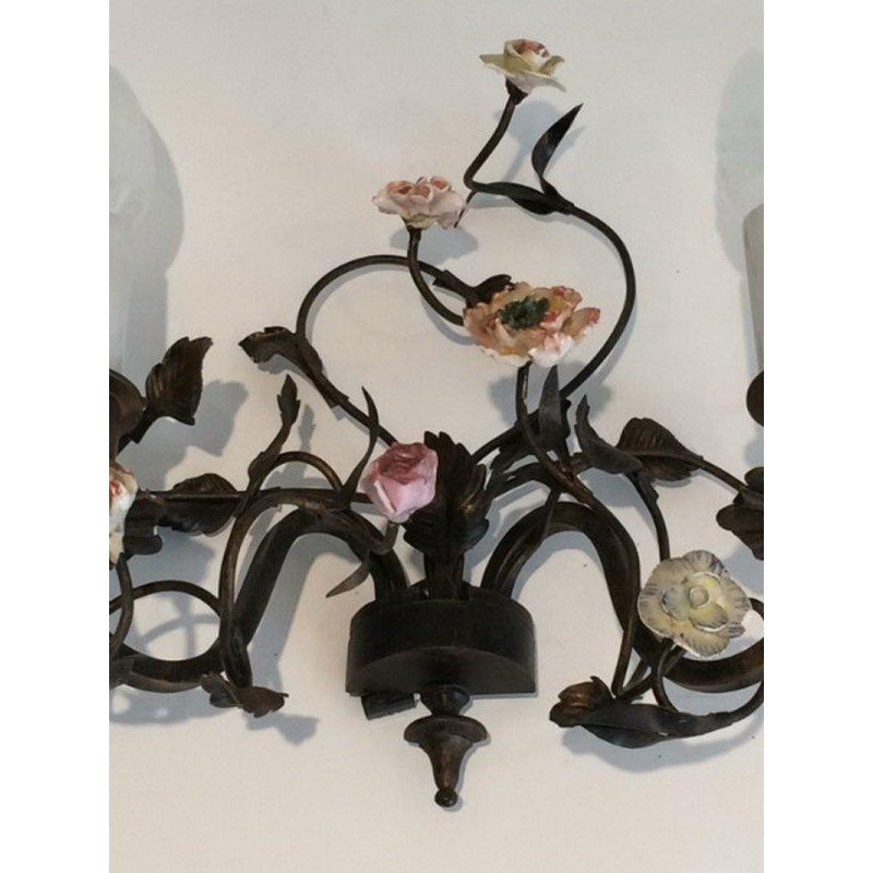 Bronze Wall Sconces with Porcelain Flowers 1920 | Maison BARROIS