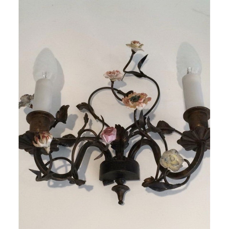 Bronze Wall Sconces with Porcelain Flowers 1920 | Maison BARROIS