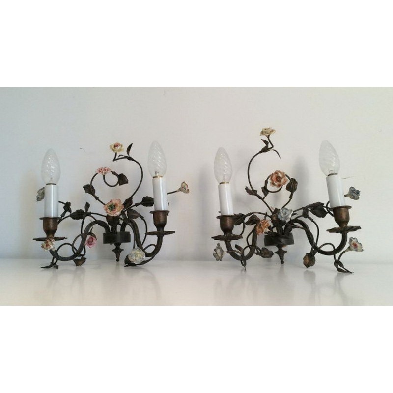 Appliques Bronze & Fleurs de Porcelaine Vers 1920 | Maison BARROIS
