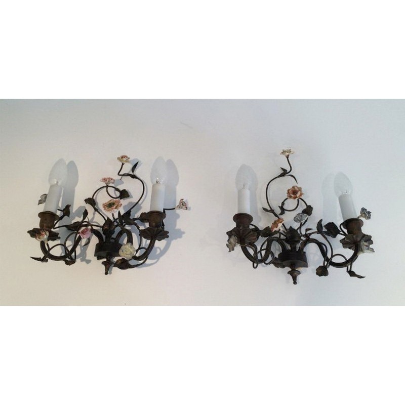 Bronze Wall Sconces with Porcelain Flowers 1920 | Maison BARROIS