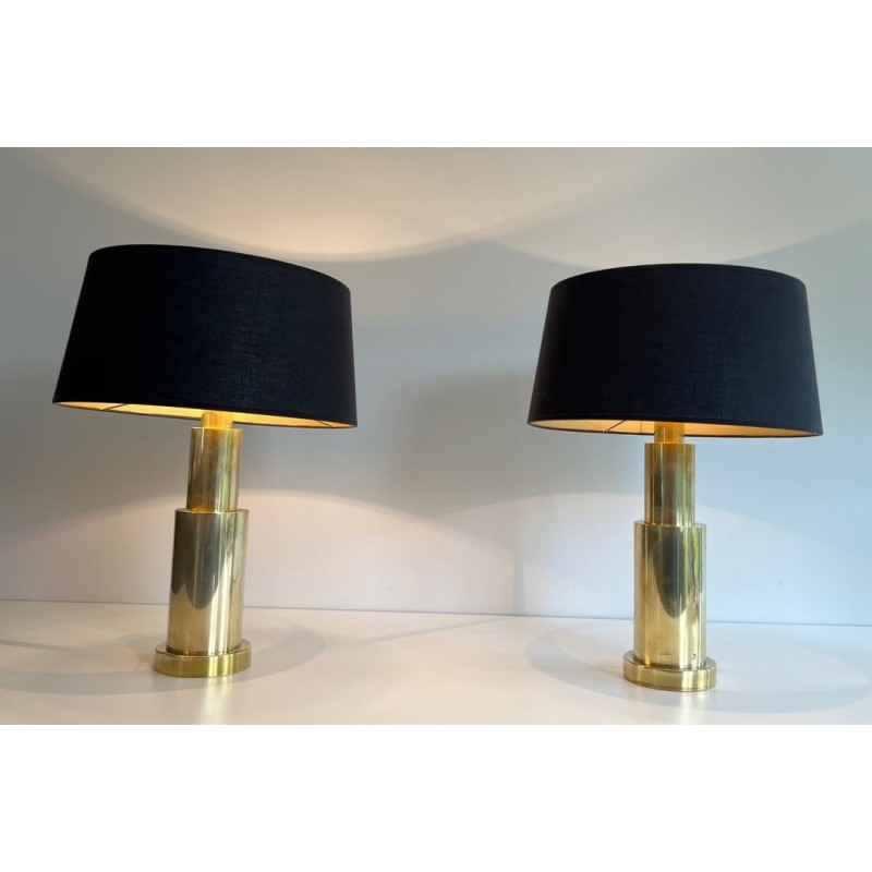 Pair of Modernist Brass Table Lamps, French Work, circa 1970