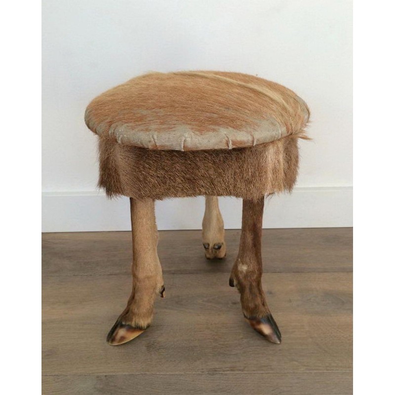 Tabouret en Peau et Pieds de Biche Vers 1970 | Maison BARROIS