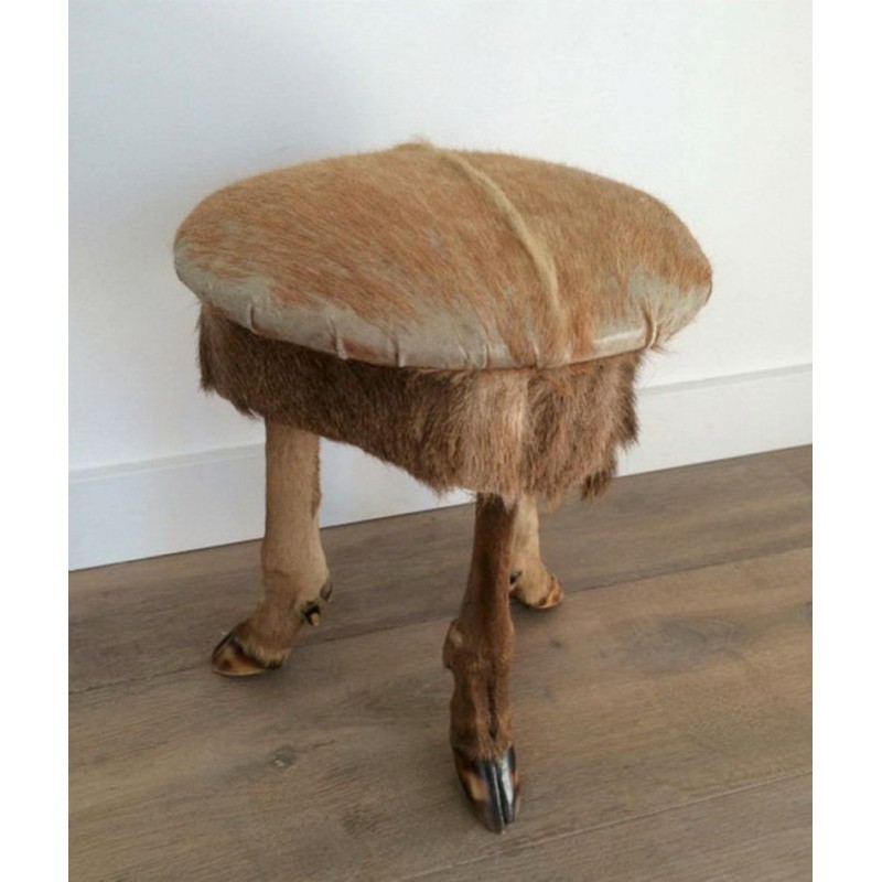 Tabouret en Peau et Pieds de Biche Vers 1970 | Maison BARROIS