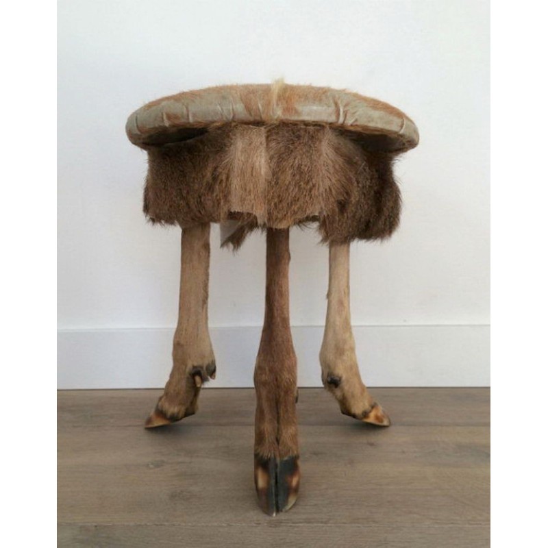 Tabouret en Peau et Pieds de Biche Vers 1970 | Maison BARROIS