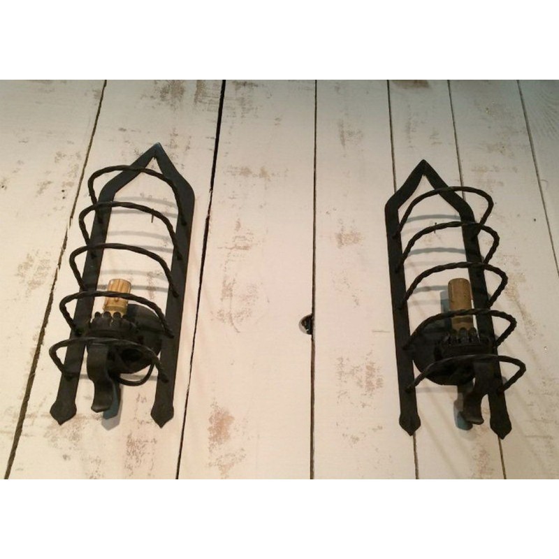 Pair of Cage Wall Sconces Wrought Iron Circa 1950