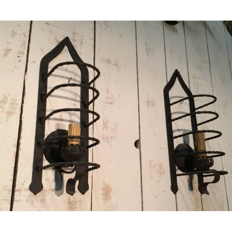 Pair of Cage Wall Sconces Wrought Iron Circa 1950