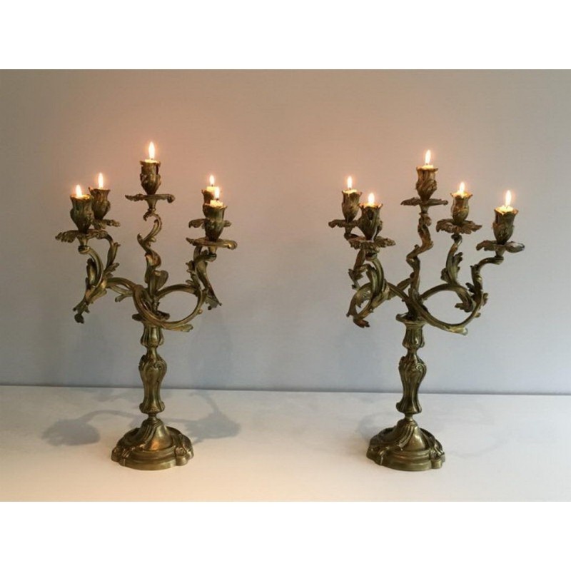 Pair of Bronze Candelabras 5 Light Arms Circa 1900