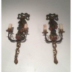 Pair Italian Wall Sconces Carved Patinated Wood Circa 1960