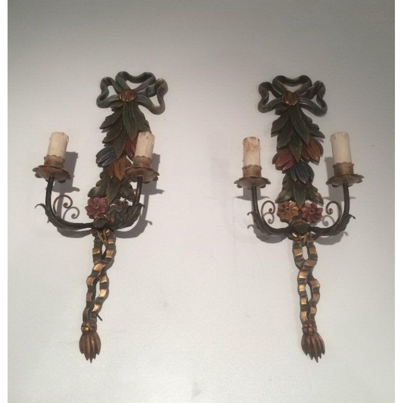 Paire d'Appliques Italiennes Bois Sculpté Patiné Vers 1960