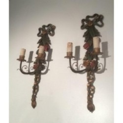 Paire d'Appliques Italiennes Bois Sculpté Patiné Vers 1960