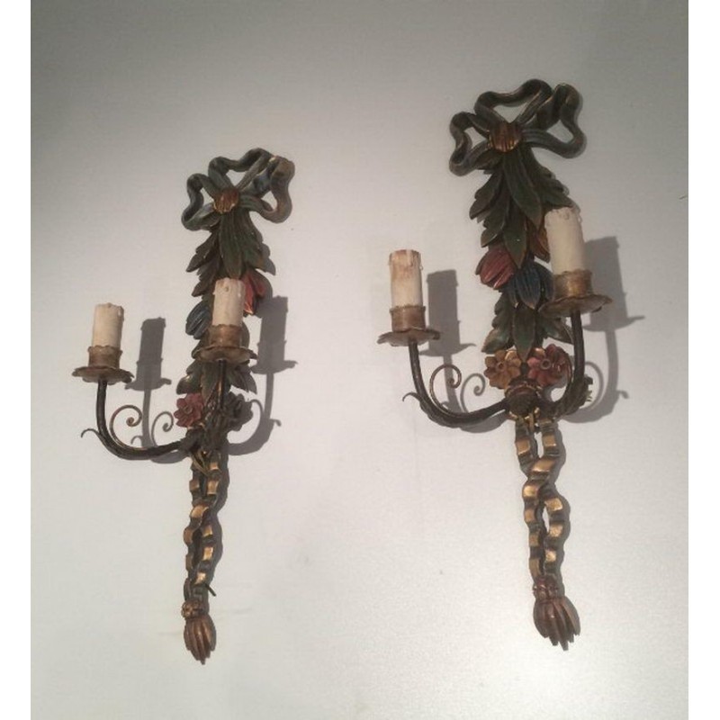 Pair Italian Wall Sconces Carved Patinated Wood Circa 1960