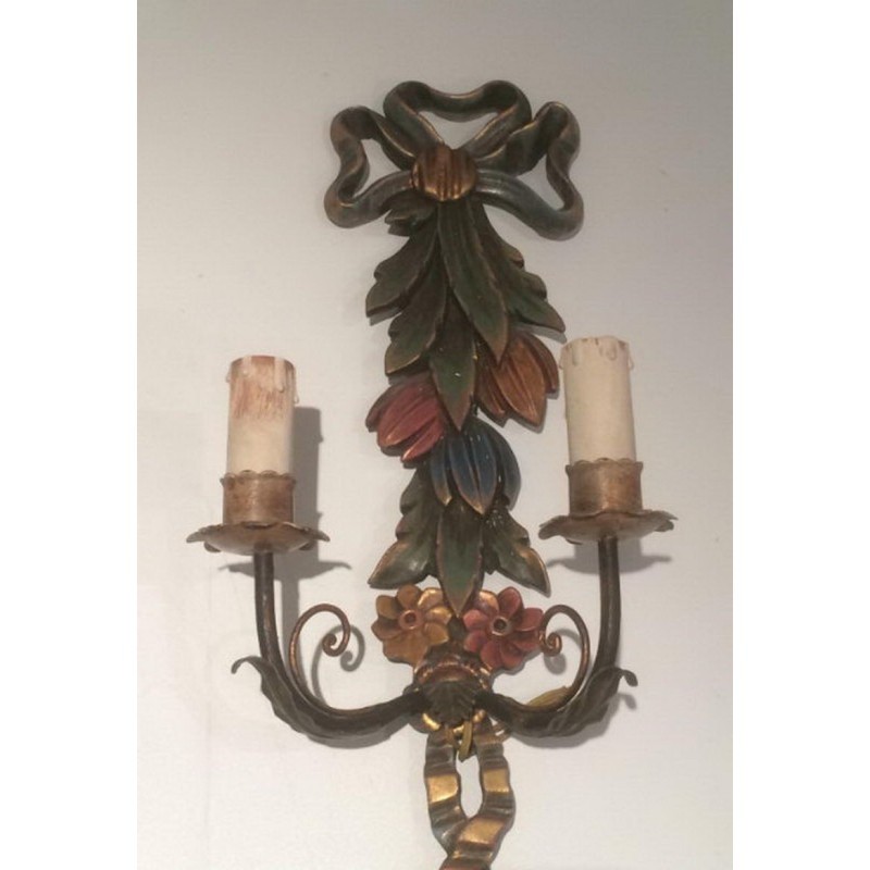 Paire d'Appliques Italiennes Bois Sculpté Patiné Vers 1960