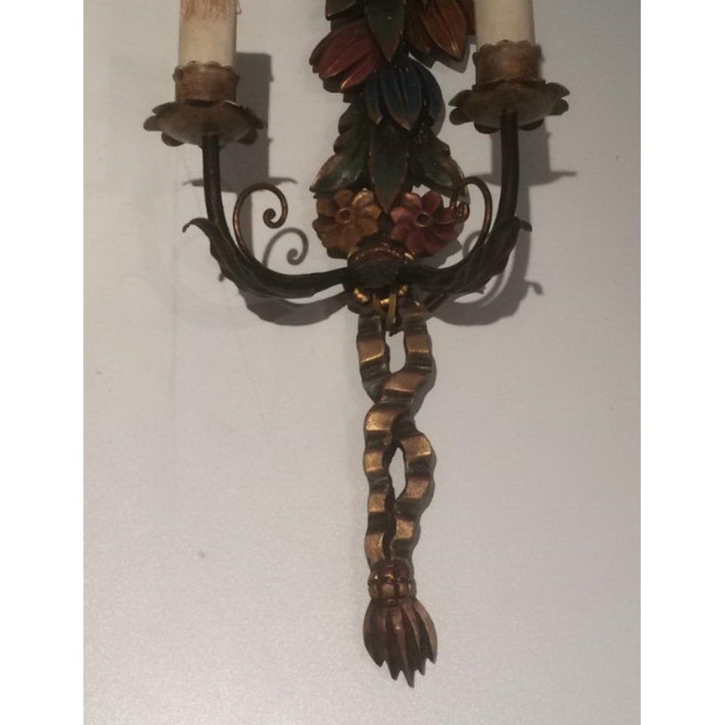 Paire d'Appliques Italiennes Bois Sculpté Patiné Vers 1960