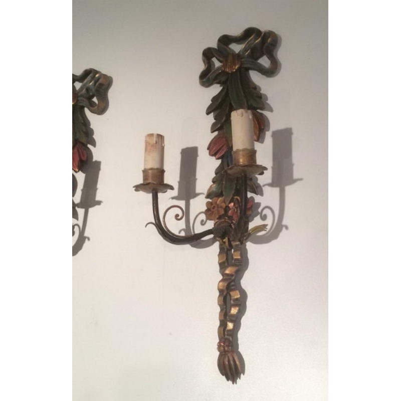 Paire d'Appliques Italiennes Bois Sculpté Patiné Vers 1960