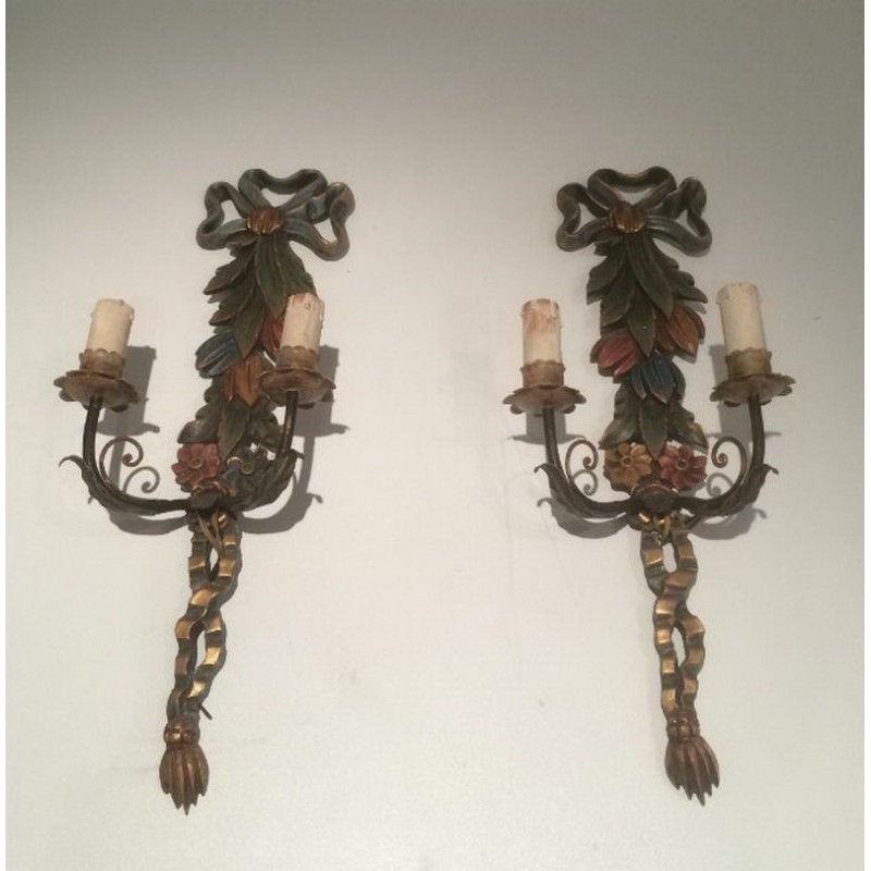 Paire d'Appliques Italiennes Bois Sculpté Patiné Vers 1960