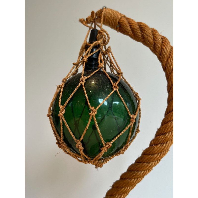 Rope and Green Glass Table Lamp by Audoux-Minet, French Work, circa 1950